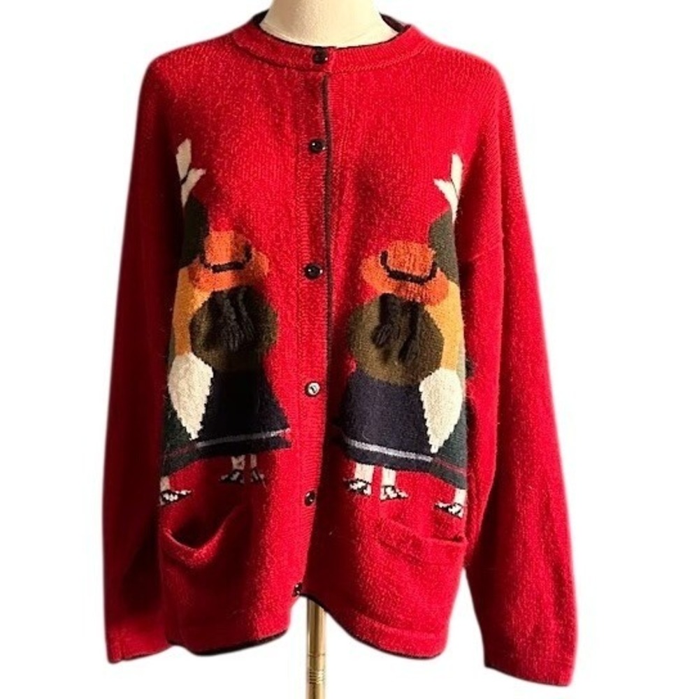 Vintage Red Wool Knit Cardigan - Andean‎ Folk Art Figures - Handcrafted Style